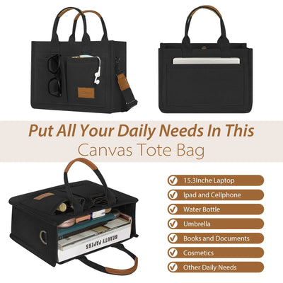Canvas Tote Bag with Multi-Pocket for Women, Large Crossbody Shoulder Handbag Everything Tote Bag with Compartments, Laptop Work Bags Shoulder Travel Messenger Gym Totes, Black