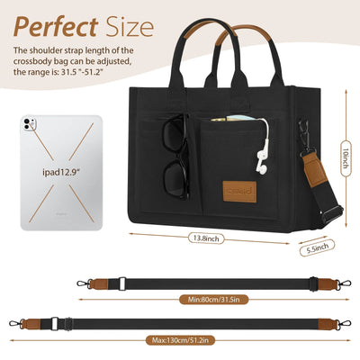 Canvas Tote Bag with Multi-Pocket for Women, Large Crossbody Shoulder Handbag Everything Tote Bag with Compartments, Laptop Work Bags Shoulder Travel Messenger Gym Totes, Black