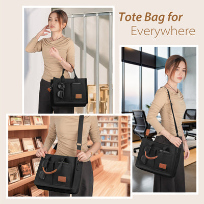 Canvas Tote Bag with Multi-Pocket for Women, Large Crossbody Shoulder Handbag Everything Tote Bag with Compartments, Laptop Work Bags Shoulder Travel Messenger Gym Totes, Black