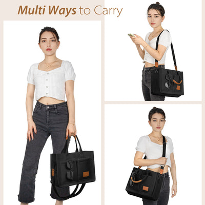 Canvas Tote Bag with Multi-Pocket for Women, Large Crossbody Shoulder Handbag Everything Tote Bag with Compartments, Laptop Work Bags Shoulder Travel Messenger Gym Totes, Black