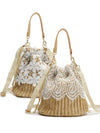 LAVA Women Straw Handbag Summer Beach Bucket Bag Lace Woven Drawstring Purse